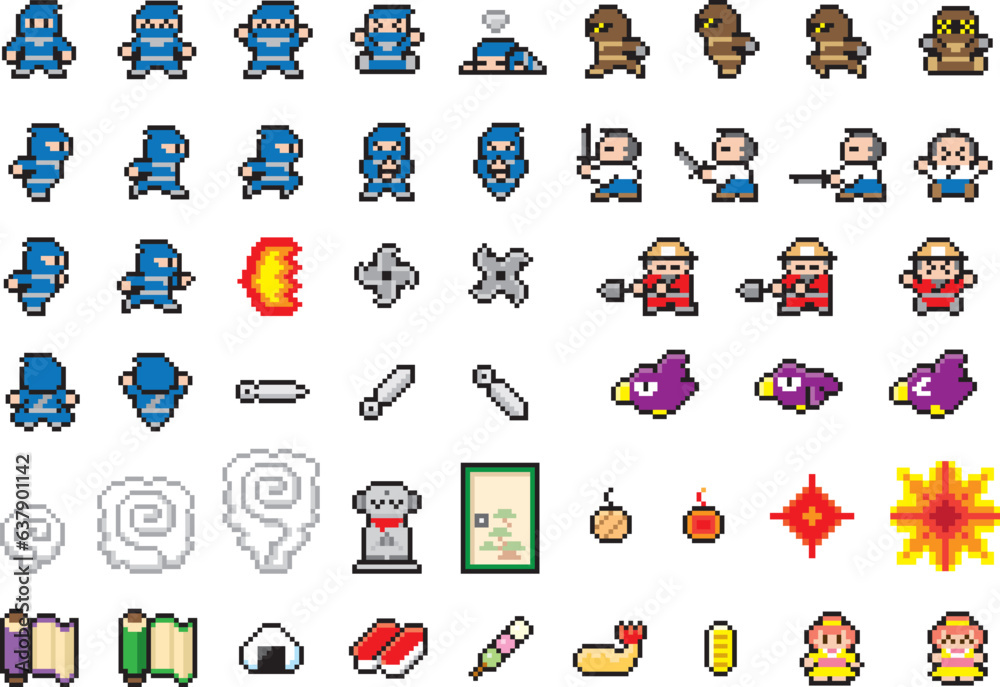 ドット 絵柄 Photography Poster 忍者ゲーム風ドット絵 キャラクターとアイテム