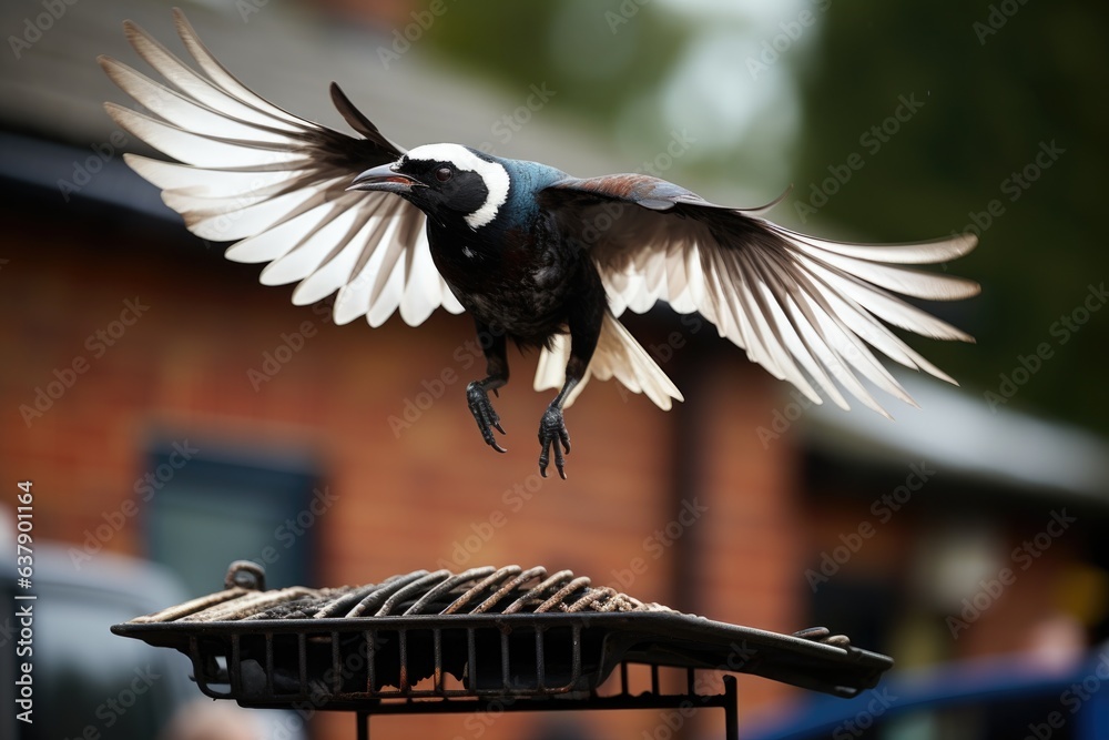 a magpie swooping to grab a piece of meat from a barbecue grill - obrazy, fototapety, plakaty 