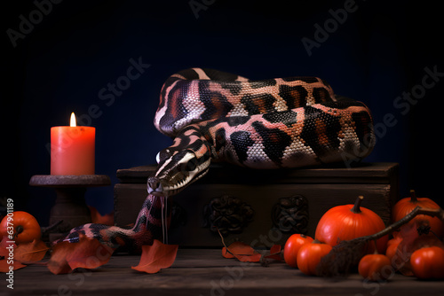 Spooky portrait of a snake in a Halloween setup in studio, dramatic lighting. Created with generative AI