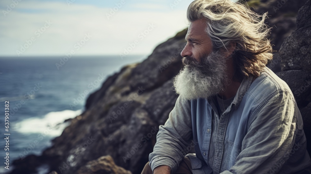 Mature man is near the sea. Beautiful illustration picture. Generative AI Mature man is near the sea. Beautiful illustration picture. Generative AI