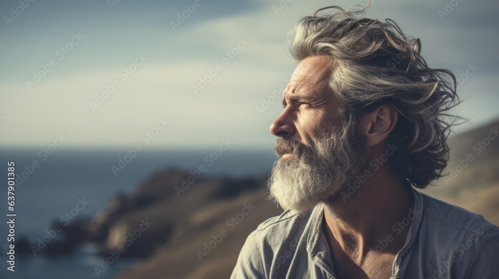 Fototapeta premium Mature man is near the sea. Beautiful illustration picture. Generative AI