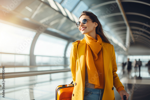 Young beautiful woman at the airport with a suitcase