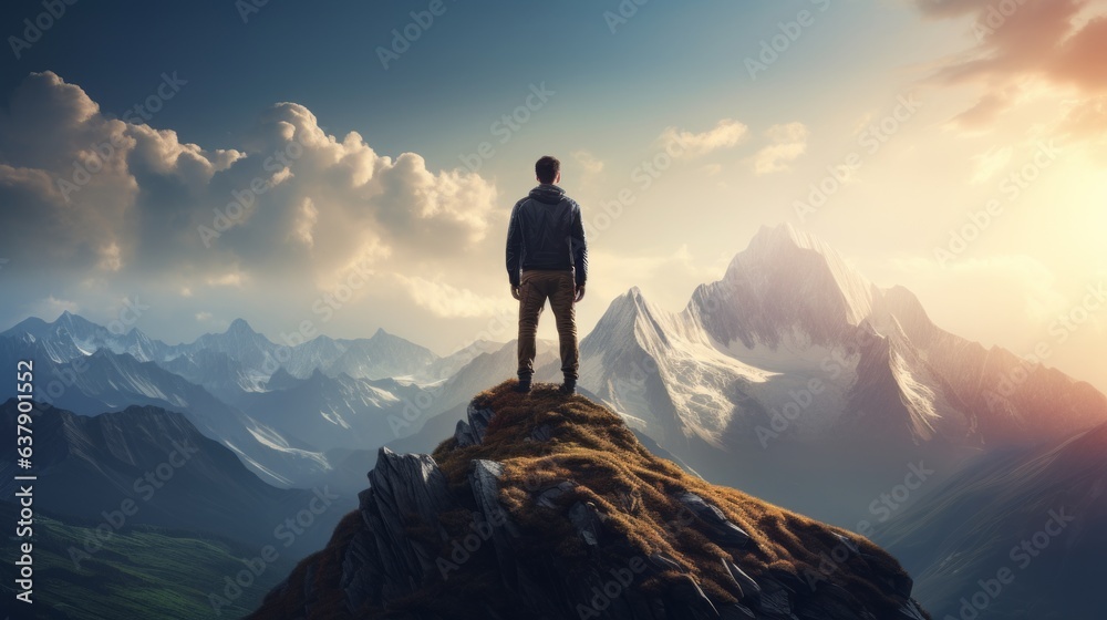 Man is standing on a mountain ridge. Beautiful illustration picture. Generative AI
