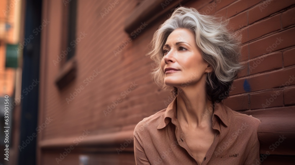 Mature woman leans against a brick wall. Beautiful illustration picture. Generative AI Mature woman leans against a brick wall. Beautiful illustration picture. Generative AI