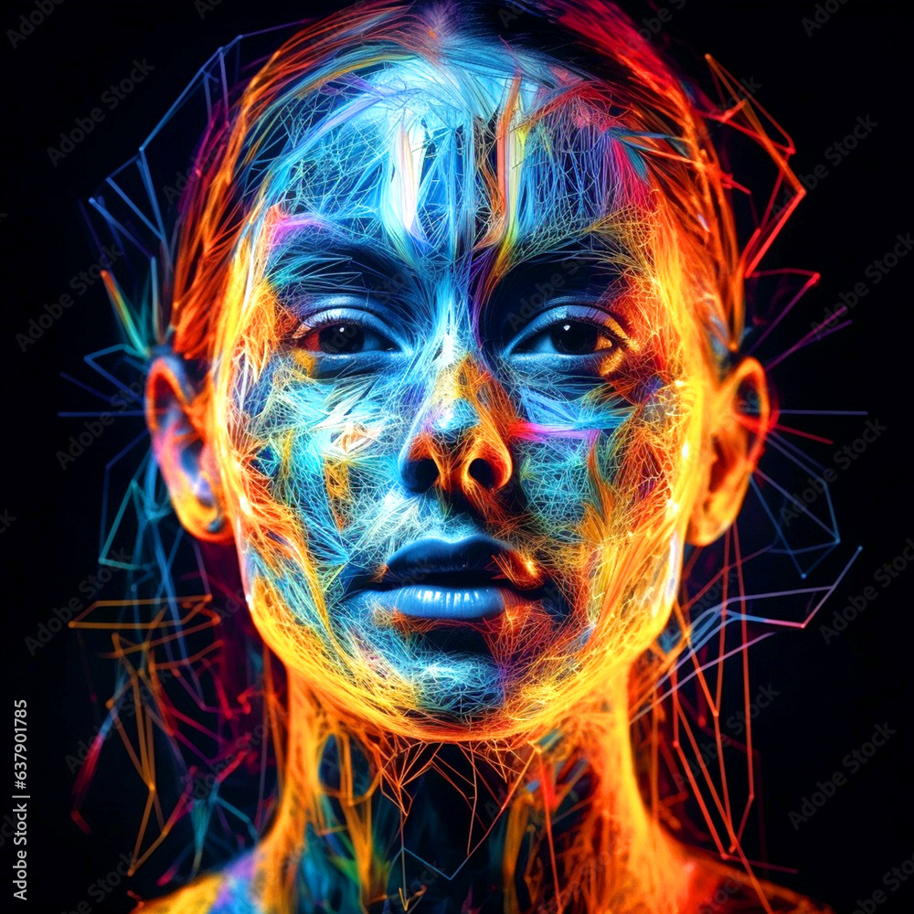 Woman's face with glowing light lines on dark background