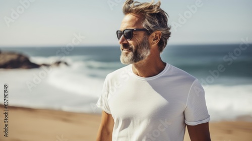 Middle aged man wearing t-shirt and standing on a beach. Beautiful illustration picture. Generative AI