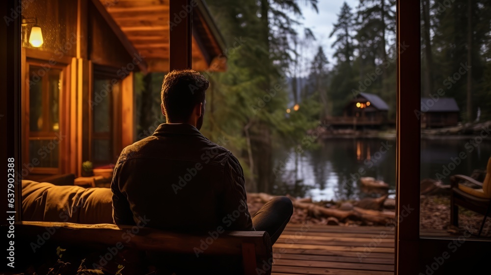 Man is sitting and enjoys solitude in a cozy cabin. Beautiful illustration picture. Generative AI Man is sitting and enjoys solitude in a cozy cabin. Beautiful illustration picture. Generative AI