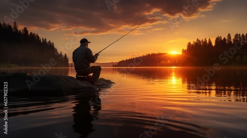 Man is fishing at evening. Beautiful illustration picture. Generative AI