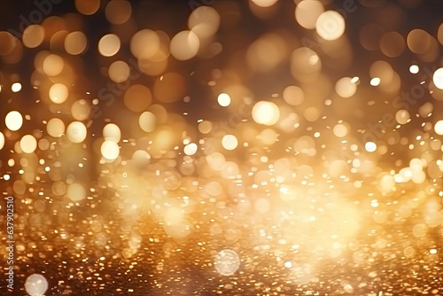 Gold bokeh light background, Christmas glowing bokeh confetti and sparkle texture overlay for your design. Sparkling gold dust abstract golden luxury decoration background. © PimPhoto