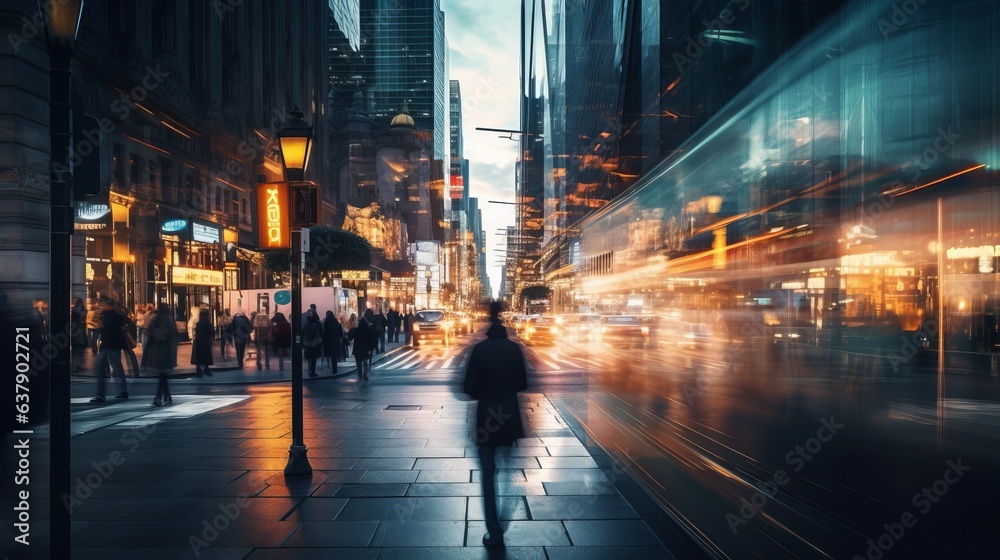 Person walks through a bustling cityscape. Beautiful illustration picture. Generative AI