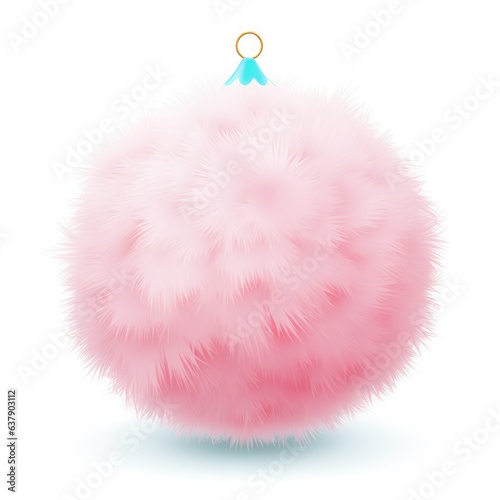 A pink fluffy ball ornament on a white background. Digital image.