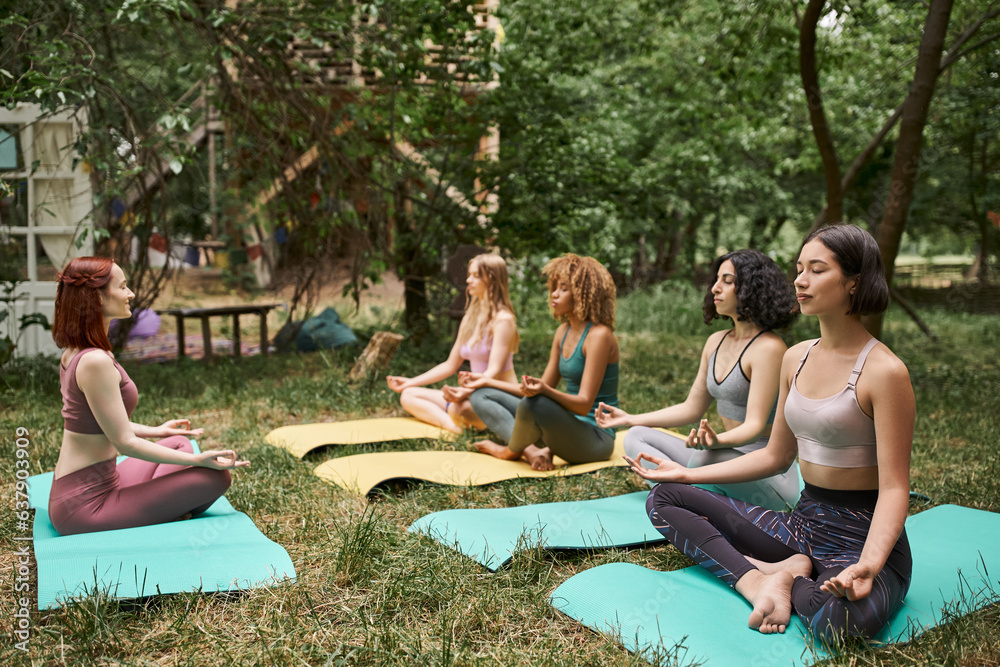 multiethnic girlfriends in sportswear meditating in lotus pose in park, inner peace, harmony