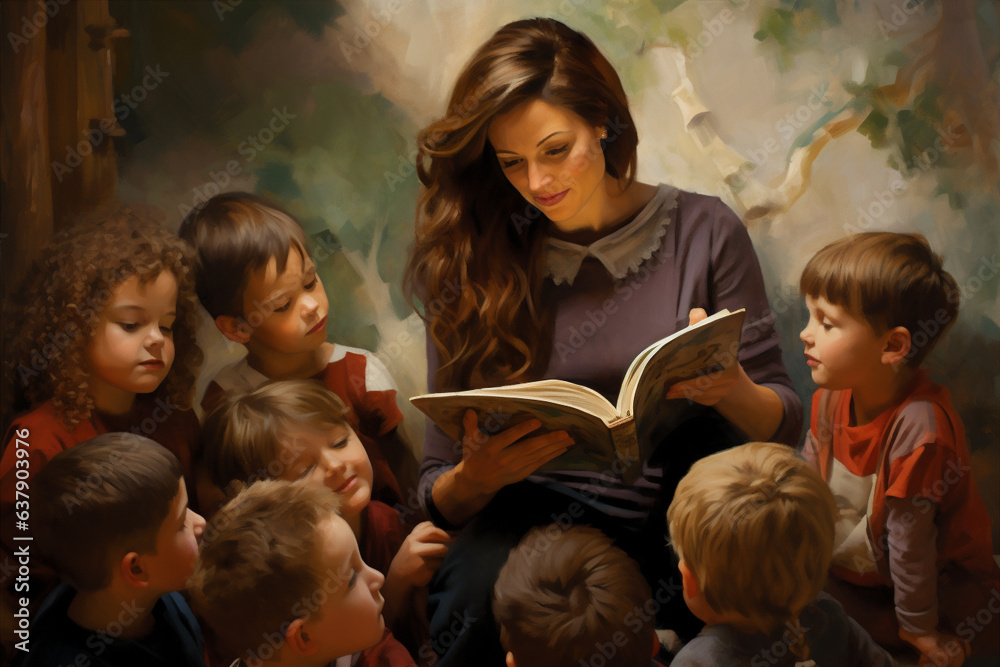 Obraz premium A loving and nurturing caregiver reading a story to children. 