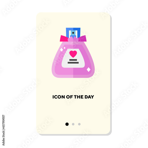 Perfume sprayer bottle with pink liquid flat icon. Vertical sign or vector illustration of cologne bottle, fragrance. Glamour, cosmetics, odor, perfumery concept for web design and apps