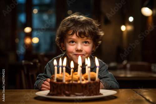 A young boy blowing out the candles on his birthday. 