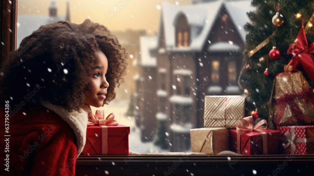 A little girl looking out a window at a christmas tree A little girl looking out a window at a christmas tree