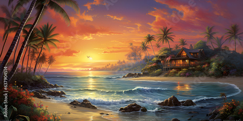 sunset on the beach, Sunset's Warm Embrace Harbor Lighthouse Beach Coconut Trees, Beautiful sunset on the beach, generative Ai 
