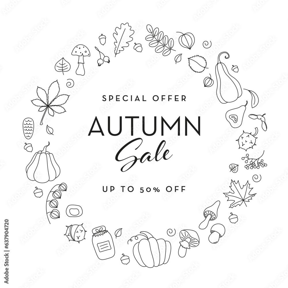 Autumn sale banner with seasonal doodle-style leaves, pumpkin, and mushroom elements. Vector illustration in outline style