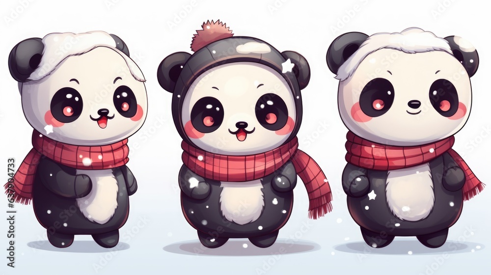 Three cartoon panda bears dressed in winter clothing