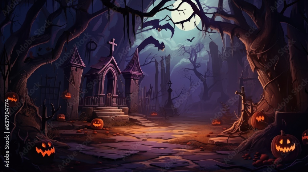 A spooky graveyard with pumpkins and bats