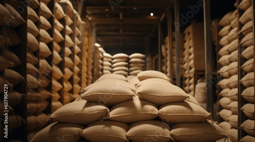 Generative AI  Stack hemp sacks of rice or coffee  industrial storage