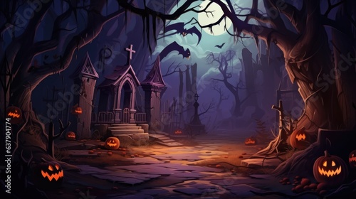 A spooky graveyard with pumpkins and bats
