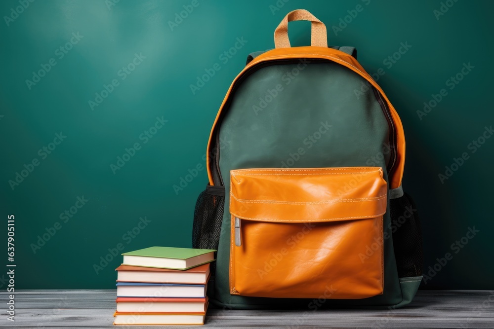 a backpack and a stack of books versus a school blackboard a backpack and a stack of books versus a school blackboard