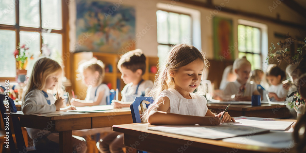 A child painting a picture in art class.  