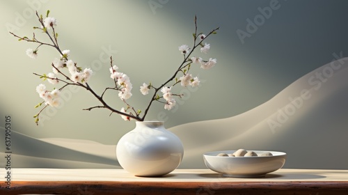 A white vase filled with flowers next to a bowl of nuts. Digital image. Zen still life.