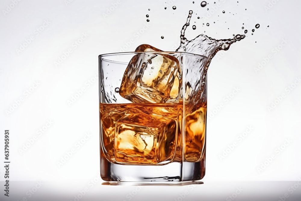 Glass of whiskey with ice with splashes. White background. Splashes and drops of whiskey fly from the glass in different directions. Glass of whiskey with ice with splashes. White background. Splashes and drops of whiskey fly from the glass in different directions.