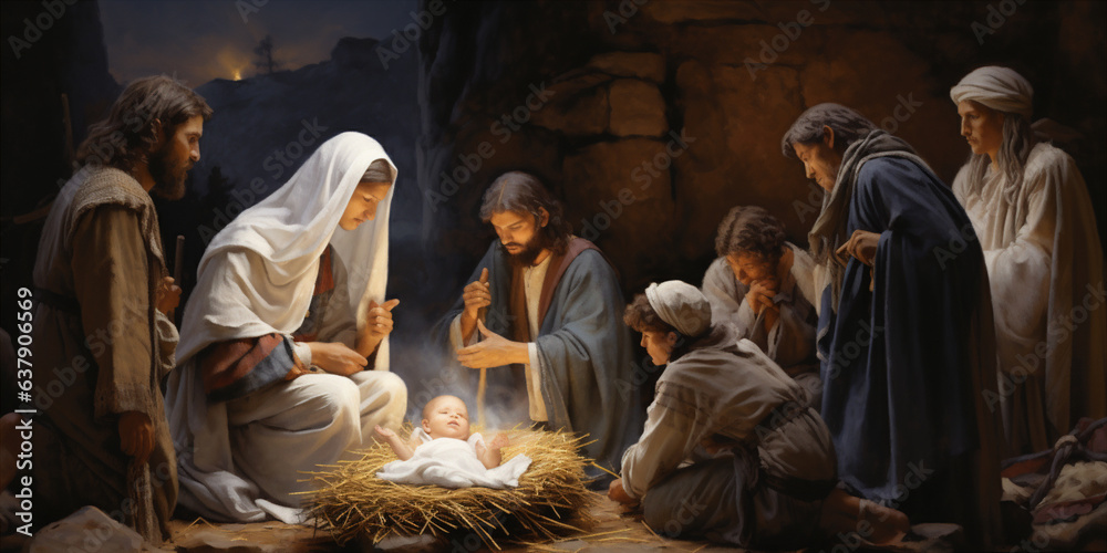 children gathered around a nativity scene.   - obrazy, fototapety, plakaty 
