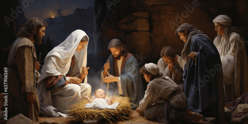children gathered around a nativity scene.   photo