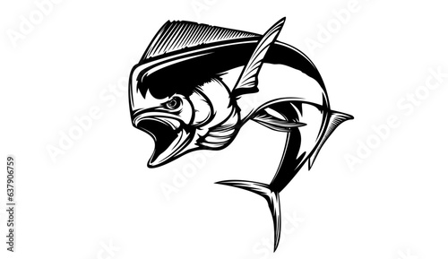 Mahi mahi emblem. Mahi fishing vector illustration. Healthy food. Saltwater fishing. Dolphin fish.