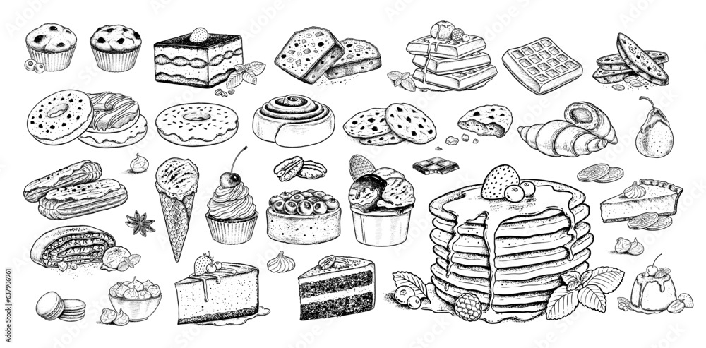 Sketch icons vintage vector illustrations set of desserts and bakery