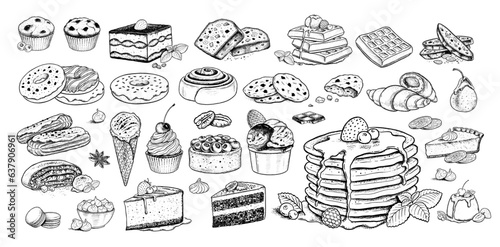 Sketch icons vintage vector illustrations set of desserts and bakery