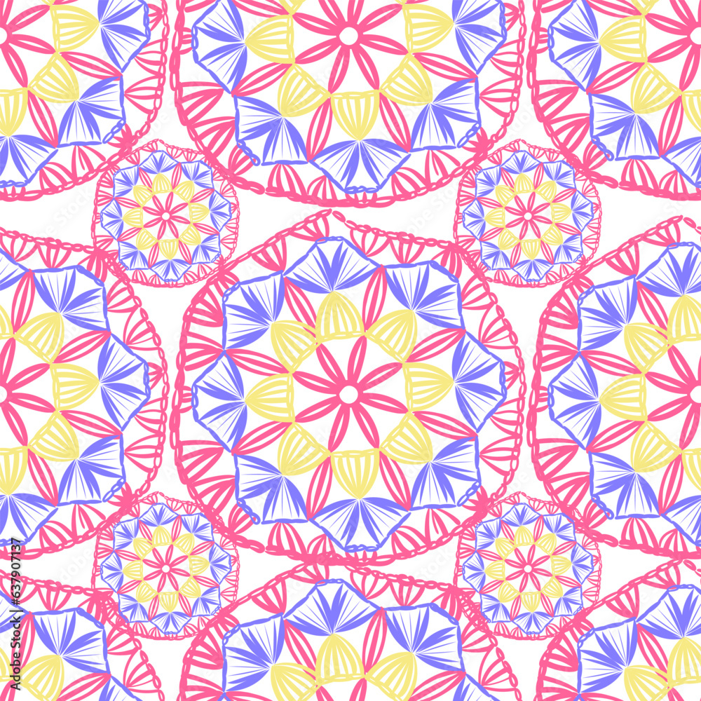 Seamless pattern with multicolored crochet granny squares in flat style isolated on white background Seamless pattern with multicolored crochet granny squares in flat style isolated on white background