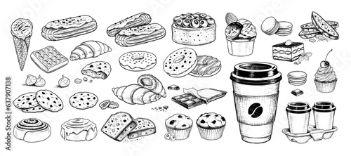Sketch icons vintage vector illustrations collection of bakery and takeaway coffee