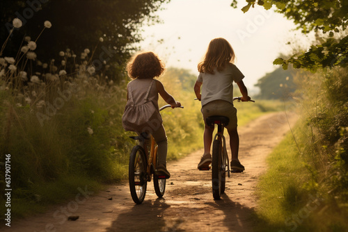 children riding bicycles. Generative AI © xartproduction