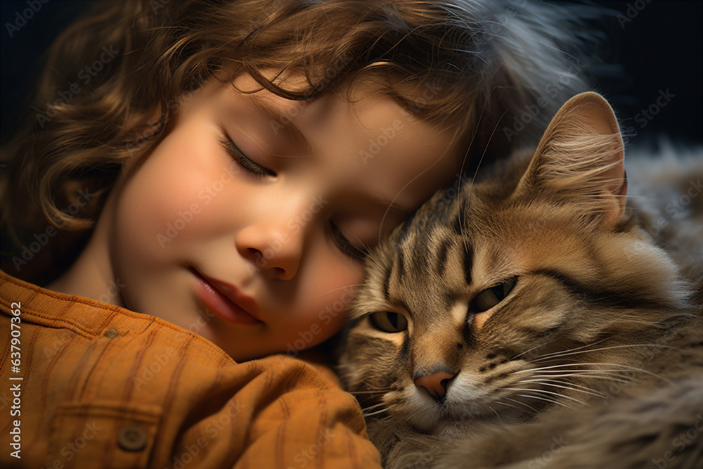 child cuddling with their furry friend.  