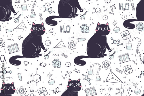 Seamless pattern in doodle style with funny cat for school subject chemistry. Background for educational stationery and textiles.