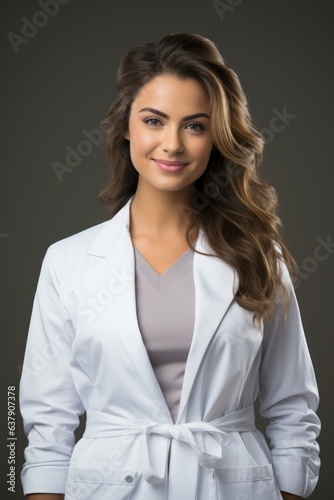A woman in a lab coat posing for a picture. Digital image.