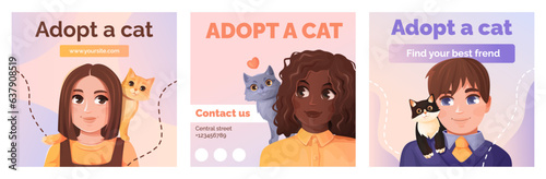 Cute kids with cats on their shoulders. Templates for a cat shelter.