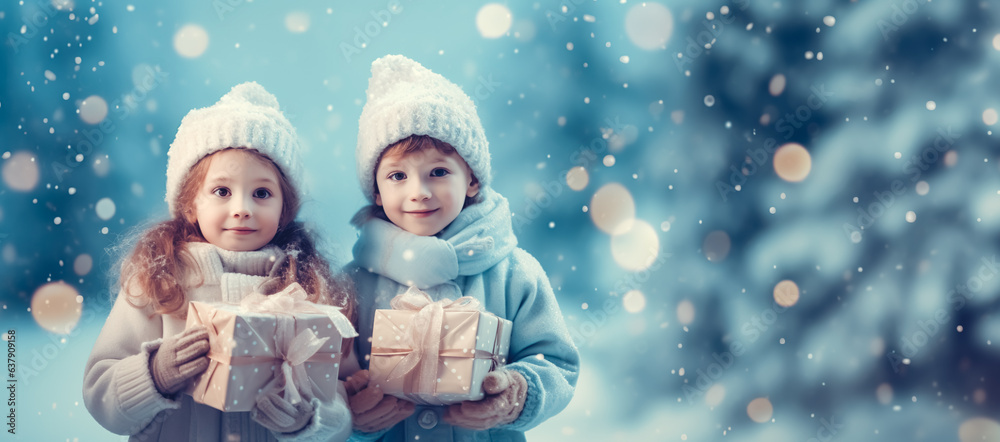 Cute child,girl, gieving luxury gift box present with friendship concepts in snow falling background.happy new year and celebration festival. Cute child,girl, gieving luxury gift box present with friendship concepts in snow falling background.happy new year and celebration festival.