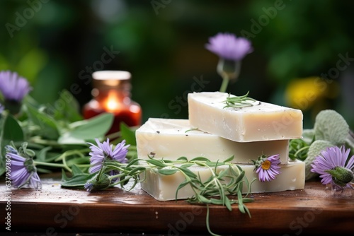 Natural handmade soap with fresh herbs on a wooden board, selective focus. background with a copy space.