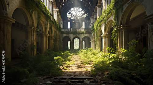 Abandoned and overgrown with greenery castle hall by AI