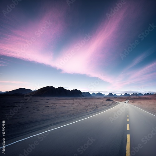 Photo of a deserted road stretching through a vast desert landscape