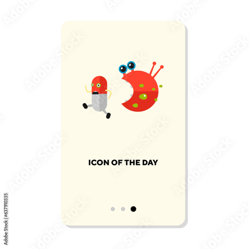 Bacteria or virus chasing pill flat icon. Microbe, health protection isolated sign. Fighting diseases, medication concept. Vector illustration symbol elements for web design and apps
