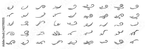 A large set of line winds. Air, wind, swirl in doodle illustration style. Vector illustration on white background