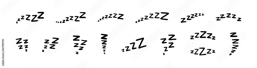 A set of doodle lettering zzz's. Illustration of sniffing, sleeping, snoring. Vector illustration drawn by hand. - obrazy, fototapety, plakaty 