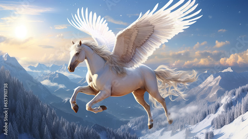 Majestic Pegasus flies over the winter mountains by AI